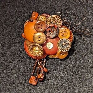 Vintage Button Brooch Pin signed MLH 10/95 whimsical, fall, autumn, brow…